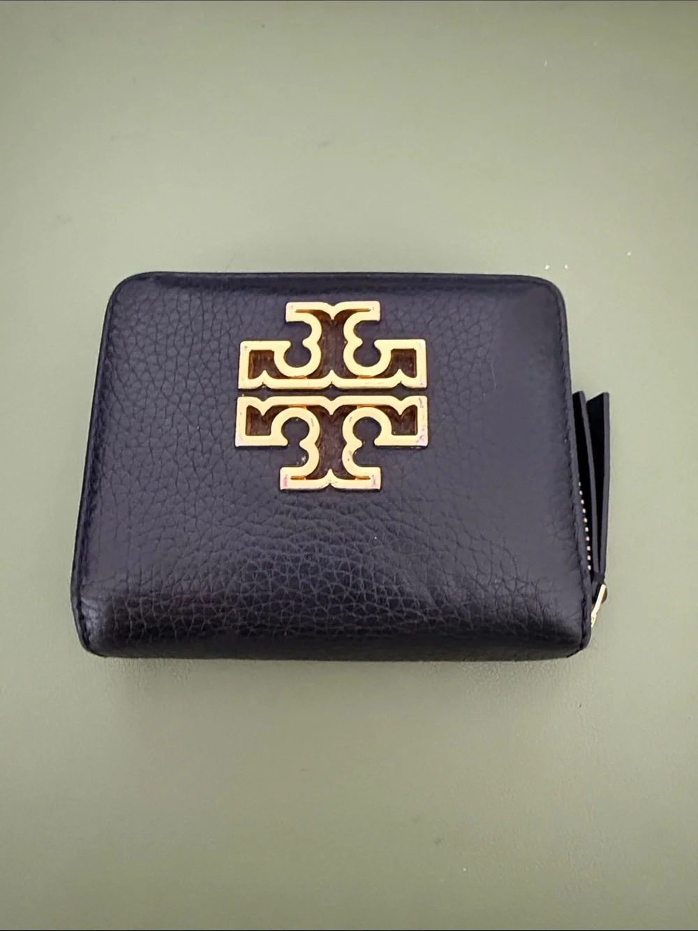 Tory Burch Black Leather Zip Around Wallet with Gold Logo